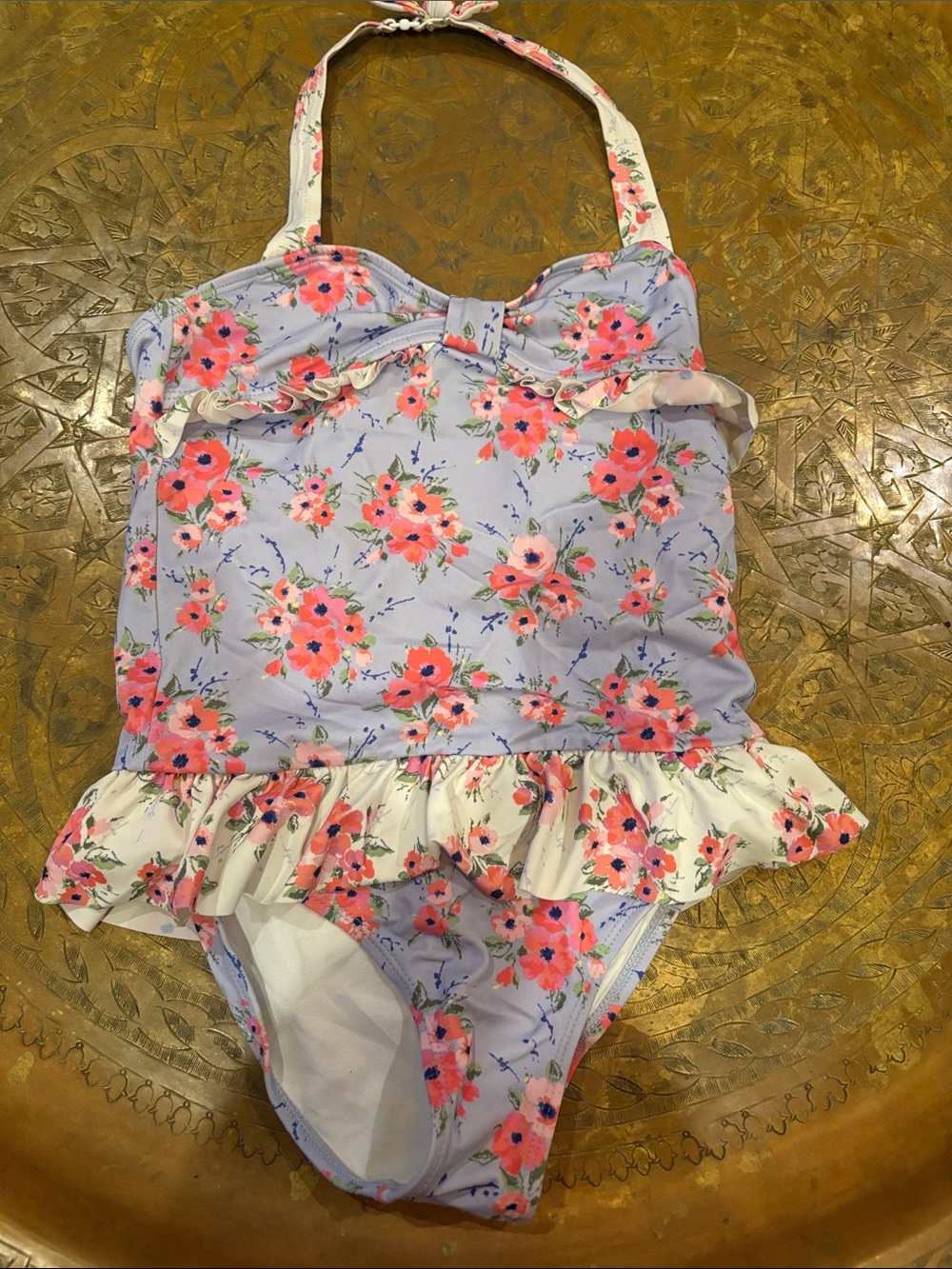 Janie and Jack Lavender Halter One-Piece Swimsuit with Pink Floral Print